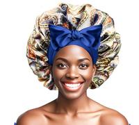 Ptrin 1 cuffia per capelli in raso, per dormire, notte Bonnet, in raso con elastico regolabile, per donne e ragazze, stampa blu