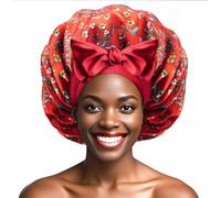 Ptrin 1 cuffia per capelli in raso, per dormire, notte Bonnet, in raso con elastico regolabile, per donne e ragazze, stampa rossa
