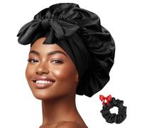 Ptrin 1 cuffia per capelli in raso, per dormire, notte Bonnet, in raso con elastico, regolabile, per donne e ragazze, colore nero