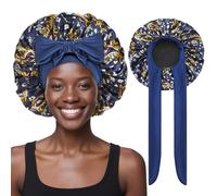 Ptrin 1 cuffia per capelli in raso, per dormire, notte Bonnet, in raso con elastico regolabile, per donne e ragazze, stampa blu navy
