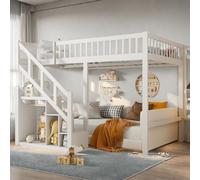 Ptueer Letto a castello per bambini, 140 x 200 cm, letto matrimoniale per bambini, con protezione anticaduta, culla con scale e armadietto, in pino (bianco, 140 cm)