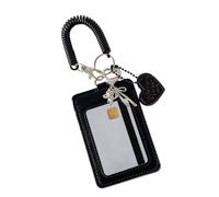PU Leather Identification Badges Keychain - PU Leather Case | Photo Sleeve with Heart Charm | Spiral Wrist Coil for Men Students Fans Travel School Workplace Daily