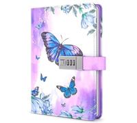 PU Leather Password Notebook, A5 Butterfly Lockable Diary, Journal with Combination Lock(Purple)