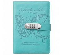 PU Leather Password Notebook, A5 Butterfly Whale Lockable Diary with 300 Pages, Journal with Combination Lock(Cyan)