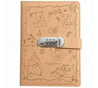 PU Leather Password Notebook, A5 Cartoon Embossed Lockable Diary with 300 Pages, Journal with Combination Lock(Brown)