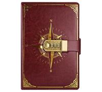 PU Leather Password Notebook, A5 Compass Lockable Diary with 300 Pages, Vintage Journal with Combination Lock(Red)