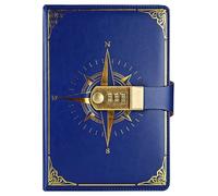 PU Leather Password Notebook, A5 Compass Lockable Diary with 300 Pages, Vintage Journal with Combination Lock(Blue)