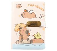 PU Leather Password Notebook, A5 Cute Capybara Lockable Diary with 240 Pages, Journal with Combination Lock(A)
