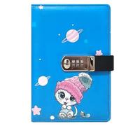 PU Leather Password Notebook, A5 Cute Carton Animal Journal with Combination Lock, Personal Diary with Lock(Interstellar Cute Cat)