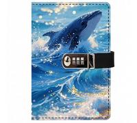 PU Leather Password Notebook, A5 Cute Carton Animal Journal with Combination Lock, Personal Diary with Lock(Blue Whale)