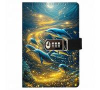 PU Leather Password Notebook, A5 Cute Carton Animal Journal with Combination Lock, Personal Diary with Lock(Starry Sky Dolphin)