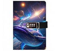 PU Leather Password Notebook, A5 Cute Carton Animal Journal with Combination Lock, Personal Diary with Lock(Interstellar Blue Whale)