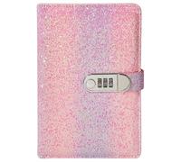 PU Leather Password Notebook, A5 Glitter Diary with Lock, Journal with Combination Lock(Pink)