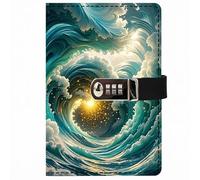 PU Leather Password Notebook, A5 Journal with Combination Lock, Personal Diary with Lock(Beautiful Waves)