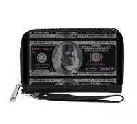 PU Zip Around Wallet Rectangle 100 Dollar Bill X-Ray Black/White