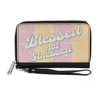 PU Zip Around Wallet Rectangle BLESSED NOT STRESSED Quote Stripe Orange/Pink/Whi