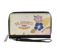 PU Zip Around Wallet Rectangle BLESSED NOT STRESSED Quote Tropical Flowers Beige