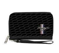 PU Zip Around Wallet Rectangle Ford Mustang w/Bars CORNER w/Text Black