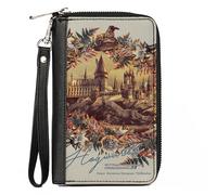 PU Zip Around Wallet Rectangle Harry Potter Hogwarts Castle Floral Collage Gray