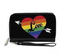 PU Zip Around Wallet Rectangle LOVE Rainbow Stripe Heart Black/Multi Color