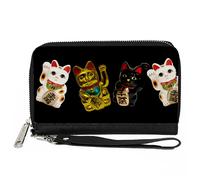PU Zip Around Wallet Rectangle Maneki Neko Lucky Cats Gold/Black/White