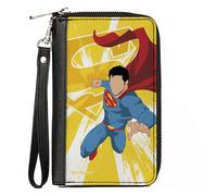 PU Zip Around Wallet Rectangle Superman No Face Pose and Shield Logo Rays Yellow