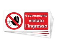 pubblimania è Severamente Vietato L'ingresso 4 Adesivi in PVC flessibile impermeabili e Resistenti per Esterno e Interno Cm 29x13 (Vietato l'Ingresso)