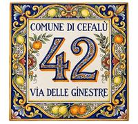 Pubblimania Numero Civico Personalizzato in Alluminio composito Stile Maiolica Siciliana - Targa Esterna Resistente Intemperie Effetto Ceramica Cefalù - Personalizzabile(Cefalù Maiolica)