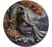 Pubyfun/Glosrity/Fanyil Witching Hour, Pubyfun Halloween Witch Wreath, Halloween Witch Wooden Wall Decor Plaque, Door Way Hanging Decor Halloweens, 2d Wooden Round Witches Sign (A)