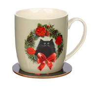 Puckator Set Tazza e Sottobicchiere Natalizia in Porcellana - Kim Haskins - Gatto con Ghirlanda