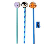 Puckator STA252 Sea Life Novity, set di 3 matite, 3 gomme in gomma e un temperamatite Adoramals pinguino, polpo e pesce pagliaccio