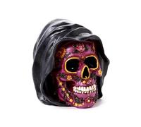 Puckator Teschio Messicano con Decorazioni Viola e Cappuccio - Scultura in Resina Ornamentale - Statuetta Accessorio Gotico per Casa e Halloween