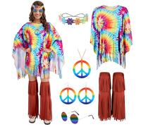 Puddry Costume Hippie Donna,Vestiti Anni 70 Donna Con Poncho Hippie e Accessori Hippie,Vestito Hippie Donna, Costume Carnevale Donna Vestito Carnevale Adulto per Discoteca Halloween Carnevale Cosplay