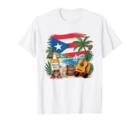 Puerto Rico Beach Scene Rum bottiglia chitarra rana e bandiera arte Maglietta