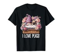 Pug Dad Gnome Floral Graphic For Garden Lover I Love Pugs Maglietta