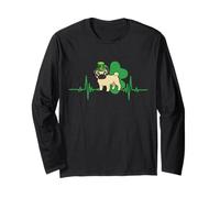 Pug Dog Heartbeat Leprechaun Hat Shamrock St Patricks Day Maglia a Manica