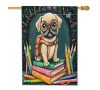 Pug Dog Matite Libri Bandiere Casa 71 x 101 cm Doppio Lato per Esterno, Rientro a Scuola Cucciolo Standard Verticale Tela Home Flag, Fun Class Front Yard Backyard Stampa Bandiera