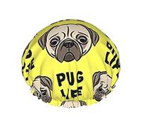 Pug Life Cute Pug Face Cuffia da Impermeabile Gialla, Cuffia Elastica per Capelli da Bagno Protezione Ambientale Cuffia da Bagno per Capelli, Doppio Strato Impermeabile Cappello da da