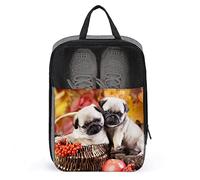 Pug Puppy Dog Maple Leaf Shoe Bag with Zipper & Handle, Waterproof Breathable Portable