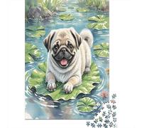 Pug Puppy on Lily Pad Puzzle Giochi 1000 Pezzi Regalo Per Amore E Amico Arte Animal Puzzle Adulti Idea Regalo Per 52x38cm/1000pcs