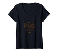 Pug Tastic Adorabile Amante dei Cani Stravagante Maglietta con Collo a V, Donna, Nero, L