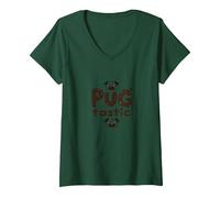 Pug Tastic Adorabile Amante dei Cani Stravagante Maglietta con Collo a V, Donna, Verde Foresta, L