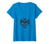 Pug Tastic Adorabile Amante dei Cani Stravagante Maglietta con Collo a V, Donna, Zaffiro, L