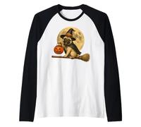 Pug Witch Hat Jack O Lantern Zucca Luna Piena Scopa Maglia con Maniche Raglan