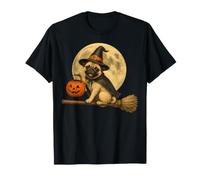 Pug Witch Hat Jack O Lantern Zucca Luna Piena Scopa Maglietta