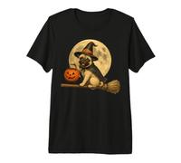 Pug Witch Hat Jack O Lantern Zucca Luna Piena Scopa Maglietta Premium