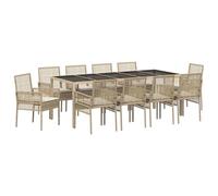 PUGYNBK Set da pranzo da giardino, 11 pezzi, in polyrattan, beige | Tavolo in vetro temperato, cuscini in poliestere con cerniera, resistente alle intemperie, ideale per terrazza e patio