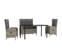 PUGYNBK Set da pranzo da giardino, 4 pezzi, con cuscini, in rattan sintetico, grigio | Tavolo in vetro temperato, poltrone reclinabili, cuscini con cerniera, max 110 kg per seduta