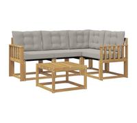 PUGYNBK Set di divani da esterno, 5 pezzi, bianco e grigio chiaro | Legno di acacia massiccio, cuscini rimovibili, tavolo con drenaggio, ideale per patio e giardino