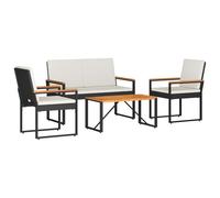 PUGYNBK Set di mobili da esterno, 4 pezzi, nero, bianco, crema | polyrattan, telaio in acciaio, cuscini rimovibili, tavolo in acacia con assi per giardino o patio